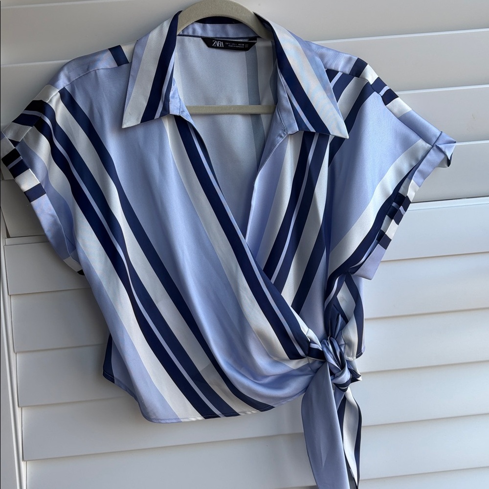 Zara Blue Navy White Striped Wrap Blouse